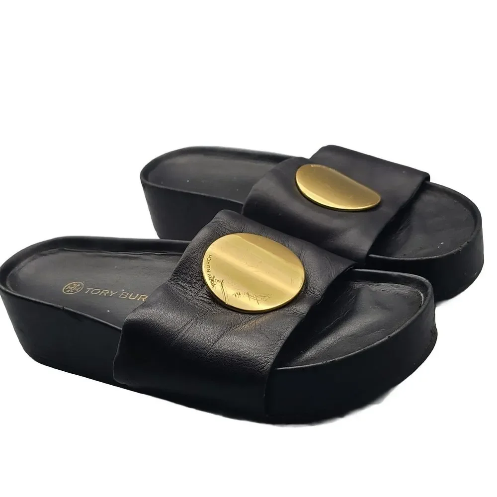 Tory Burch Black Leather Slide Sandals with Gold Medallions